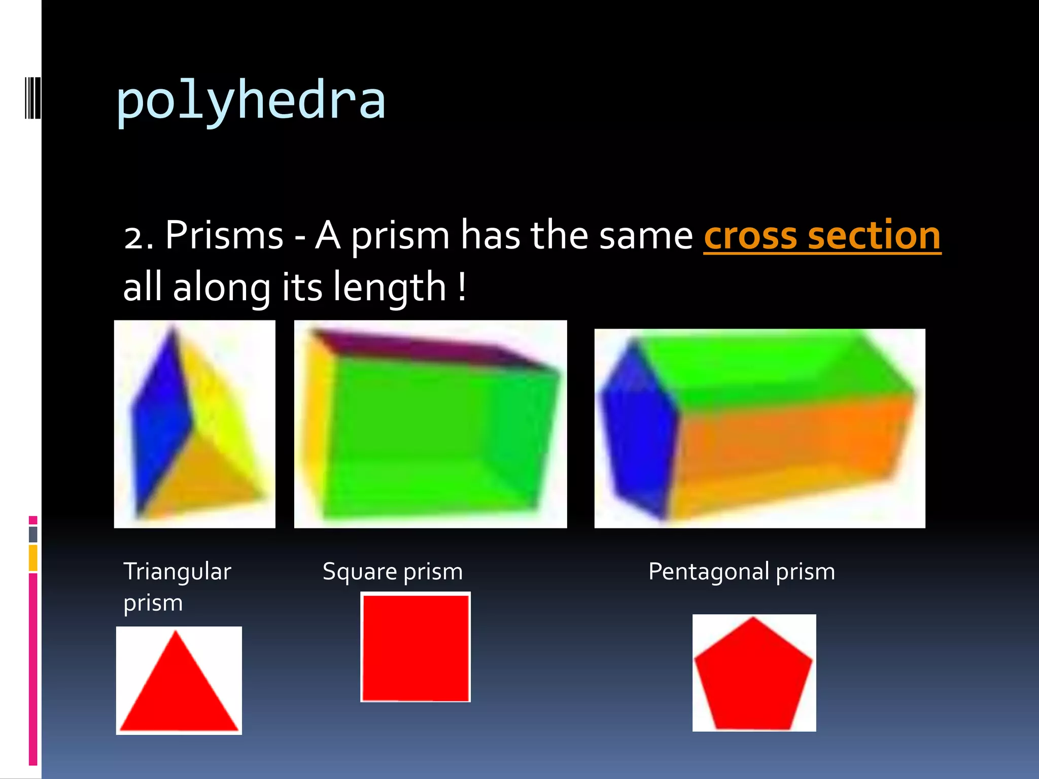 polyhedra2. Prisms - A prism has the same cross section all along its length !Square prismTriangular prismPentagonal prism