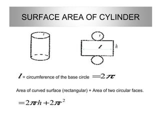 SURFACE AREA OF CYLINDER
             r                            r

                                          l        h




l = circumference of the base circle =2πr
Area of curved surface (rectangular) + Area of two circular faces.

 = 2πrh + 2πr           2
 