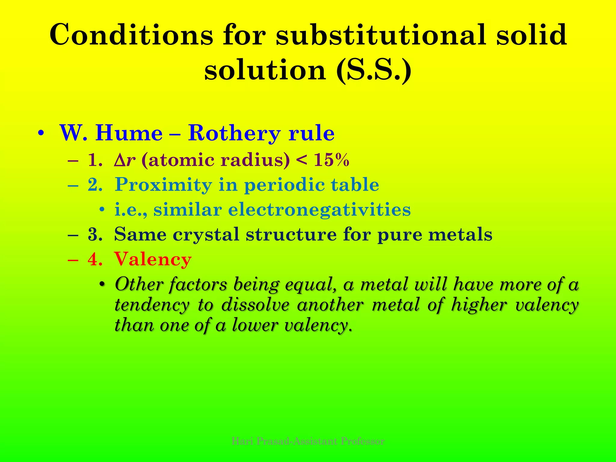 • W. Hume – Rothery rule
– 1. r (atomic radius) < 15%
– 2. Proximity in periodic table
• i.e., similar electronegativities
– 3. Same crystal structure for pure metals
– 4. Valency
• Other factors being equal, a metal will have more of a
tendency to dissolve another metal of higher valency
than one of a lower valency.
Conditions for substitutional solid
solution (S.S.)
Hari Prasad-Assistant Professor
 