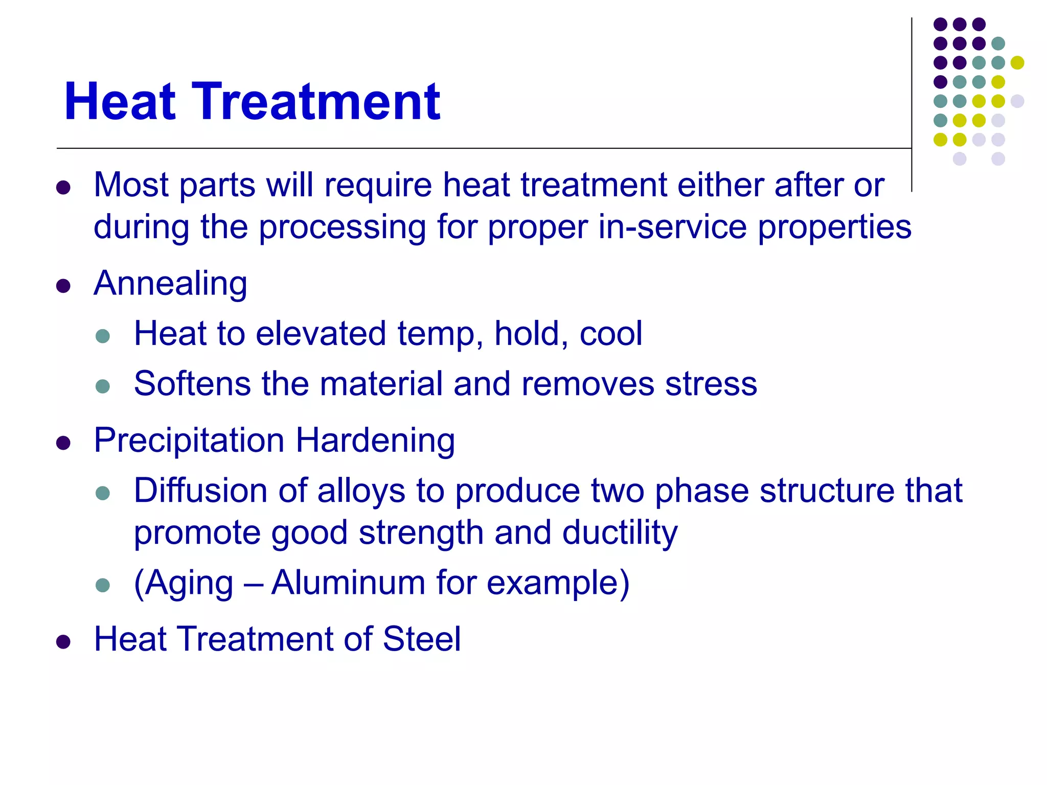 Heat Treatment
 Most parts will require heat treatment either after or
during the processing for proper in-service properties
 Annealing
 Heat to elevated temp, hold, cool
 Softens the material and removes stress
 Precipitation Hardening
 Diffusion of alloys to produce two phase structure that
promote good strength and ductility
 (Aging – Aluminum for example)
 Heat Treatment of Steel
 