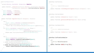 Class UserRegistration
{
private $factory, $validator, $repository, $emailer;
public function __construct(UserFactory $factory, UserValidator $validator,
UserRepository $repository, ConfirmationEmailer $emailer)
{
$this->factory = $factory;
$this->validator = $validator;
$this->repository = $repository;
$this->emailer = $emailer;
}
public function register(Request $request): Response
{
try {
$user = $this->factory->createUser($request);
} catch (UnableToParseUser $exception) {
return new InvalidRequestResponse($exception->getErrors());
}
if ($this->validator->isValid($user) === false) {
$invalidProperties = $this->validator
->getInvalidProperties($user);
return new InvalidUserResponse($invalidProperties);
}
try {
$this->repository->create($user);
$this->emailer->sendConfirmationEmail($user);
return UserCreatedResponse($user);
} catch (UnableToCreateUser $exception) {
return UnableToCreateUserResponse($user);
} catch (MailerException $mailerException) {
return UnableToSendConfirmationEmailResponse($user);
}
}
}
interface UserFactory
{
/**
* @throws UnableToParseUser
*/
public function createRegisteringUser(Request $request): User;
}
interface UserValidator
{
public function isValid(User $user): bool;
public function getInvalidProperties(User $user):array;
}
interface UserRepository
{
/**
* @throws UnableToCreateUser
*/
public function create(User $user): bool;
}
interface ConfirmationEmailer
{
/**
* @throws MailerException
*/
public function send(string $to);
}
interface UserFactory
{
/**
* @throws UnableToParseUser
*/
public function createRegisteringUser(Request $request): User;
}
interface UserValidator
{
public function isValid(User $user): bool;
public function getInvalidProperties(User $user):array;
}
interface UserRepository
{
/**
* @throws UnableToCreateUser
*/
public function create(User $user): bool;
}
interface UserFactory
{
/**
* @throws UnableToParseUser
*/
public function createRegisteringUser(Request $request): User;
}
interface UserValidator
{
public function isValid(User $user): bool;
public function getInvalidProperties(User $user):array;
}
 