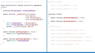 Interface Buyable
{
public function getName(): string;
public function getPrice(): float;
}
Interface Product
{
public function getShippingWeight(): float;
public function getShippingCost(): float;
}
Interface Service
{
public function getWorkerAssigned(): Worker;
public function assignWorker(Worker $worker);
public function getServiceScheduledDate(): DateTime;
public function getServiceCompletedDate(): DateTime;
public function isCompleted(): bool;
}
Class BuyableItem implements Buyable { [...] }
Class BuyableProduct extends BuyableItem implements
Product
{
protected $shippingCost, $shippingWeight;
public function __construct(string $name,
float $price,
float $shippingCost,
float $shippingWeight)
{
$this->shippingCost = $shippingCost;
$this->shippingWeight = $shippingWeight;
parent::__construct($name, $price);
}
public function getShippingCost(): float {
return $this->getShippingCost();
}
public function getShippingWeight(): float {
return $this->shippingWeight;
}
}
 