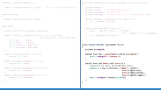 interface ConfirmationEmailer
{
public function send(string $to); /** @throws MailerException */
}
interface Mailer
{
public function send(Email $email);
}
class Email
{
private $to, $from, $subject, $message;
public function __construct(string $to, string $from,
string $subject, string $message) {
$this-to = $to;
$this-from = $from;
$this-subject = $subject;
$this-message = $message;
}
public function getTo(): string {
return $this-to;
}
public function getFrom(): string {
return $this-from;
}
public function getSubject(): string {
return $this-subject;
}
public function getMessage(): string {
return $this-message;
}
}
class ConfirmationEmailService implements ConfirmationEmailer
{
private $mailer;
private $from = 'mysite@example.com';
private $subject = 'Confirm Email';
private $message = 'Please click here to confirm your email';
public function __construct(Mailer $mailer) {
$this-mailer = $mailer;
}
public function send(string $to) {
$email = new Email($to, $this-from,
$this-subject, $this-message);
$this-mailer-send($email);
}
}
class SendGridMailer implements Mailer
{
private $sendgrid;
public function __construct(SendGrid $sendgrid) {
$this-sedngrid = $sendgrid;
}
public function send(Email $email) {
//Convert our email to SendGrid's email
$sgEmail = new SendGridEmail($email-getTo(),
$email-getFrom(),
$email-getSubject(),
$email-getMessage());
$this-sendgrid-queue($sgEmail);
}
}
 