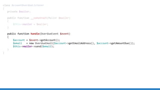 class AccountOverdueListener
{
private $mailer;
public function __construct(Mailer $mailer)
{
$this-mailer = $mailer;
}
public function handle(OverdueEvent $event)
{
$account = $event-getAccount();
$email = new OverdueEmail($account-getEmailAddress(), $account-getAmountDue());
$this-mailer-send($email);
}
}
 
