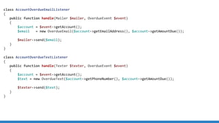 class AccountOverdueEmailListener
{
public function handle(Mailer $mailer, OverdueEvent $event)
{
$account = $event-getAccount();
$email = new OverdueEmail($account-getEmailAddress(), $account-getAmountDue());
$mailer-send($email);
}
}
class AccountOverdueTextListener
{
public function handle(Texter $texter, OverdueEvent $event)
{
$account = $event-getAccount();
$text = new OverdueText($account-getPhoneNumber(), $account-getAmountDue());
$texter-send($text);
}
}
 