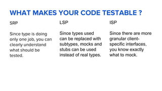 WHAT MAKES YOUR CODE TESTABLE ?
SRP
Since type is doing
only one job, you can
clearly understand
what should be
tested.
LSP
Since types used
can be replaced with
subtypes, mocks and
stubs can be used
instead of real types.
ISP
Since there are more
granular client-
specific interfaces,
you know exactly
what to mock.
 
