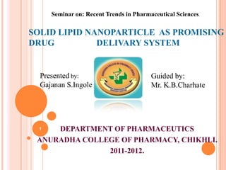 SOLID LIPID NANOPARTICLE AS PROMISING
DRUG DELIVARY SYSTEM
DEPARTMENT OF PHARMACEUTICS
ANURADHA COLLEGE OF PHARMACY, CHIKHLI.
2011-2012.
Seminar on: Recent Trends in Pharmaceutical Sciences
Presented by:
Gajanan S.Ingole
Guided by:
Mr. K.B.Charhate
1
 