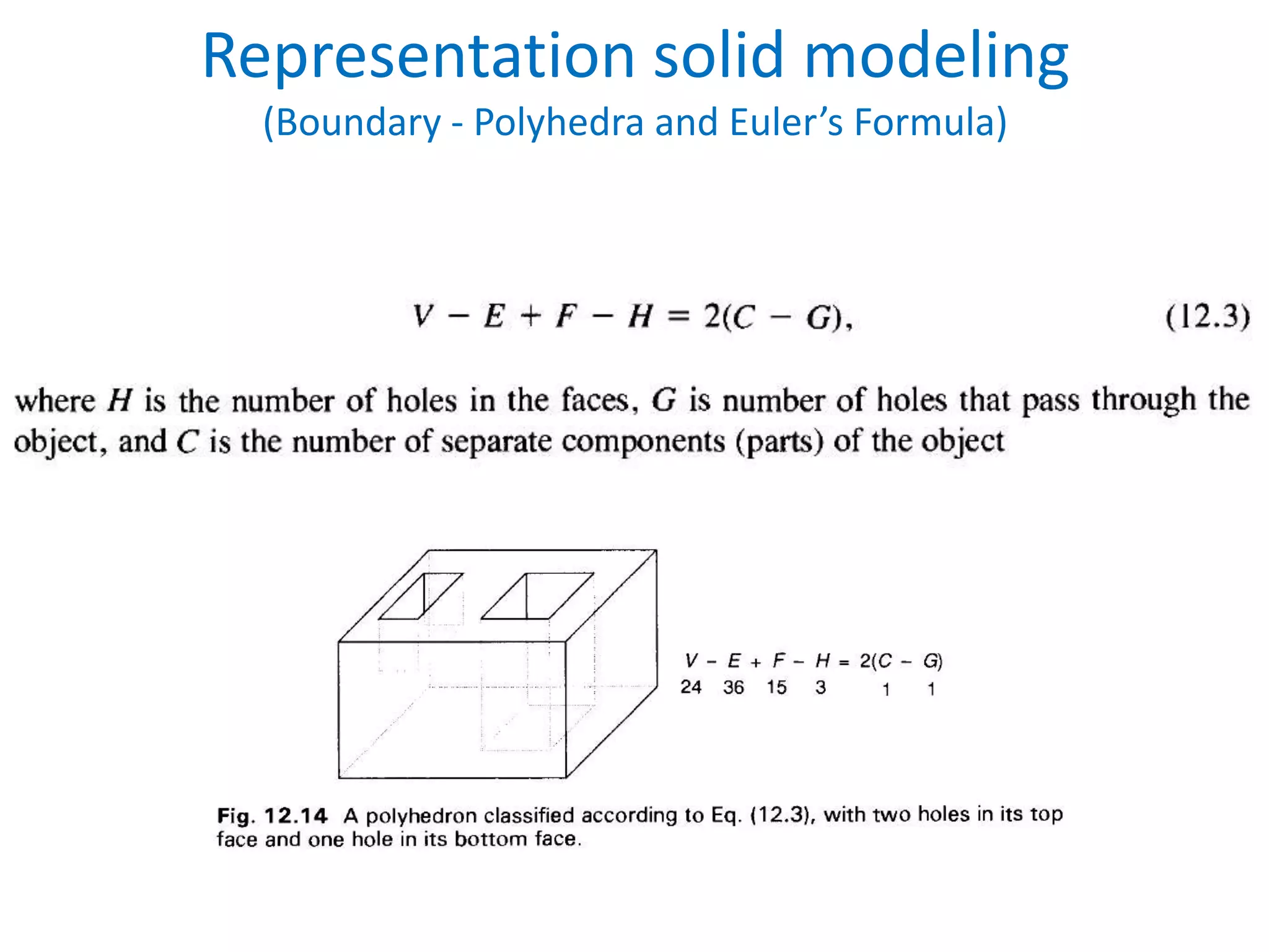 Representation solid modeling
  (Boundary - Polyhedra and Euler’s Formula)
 
