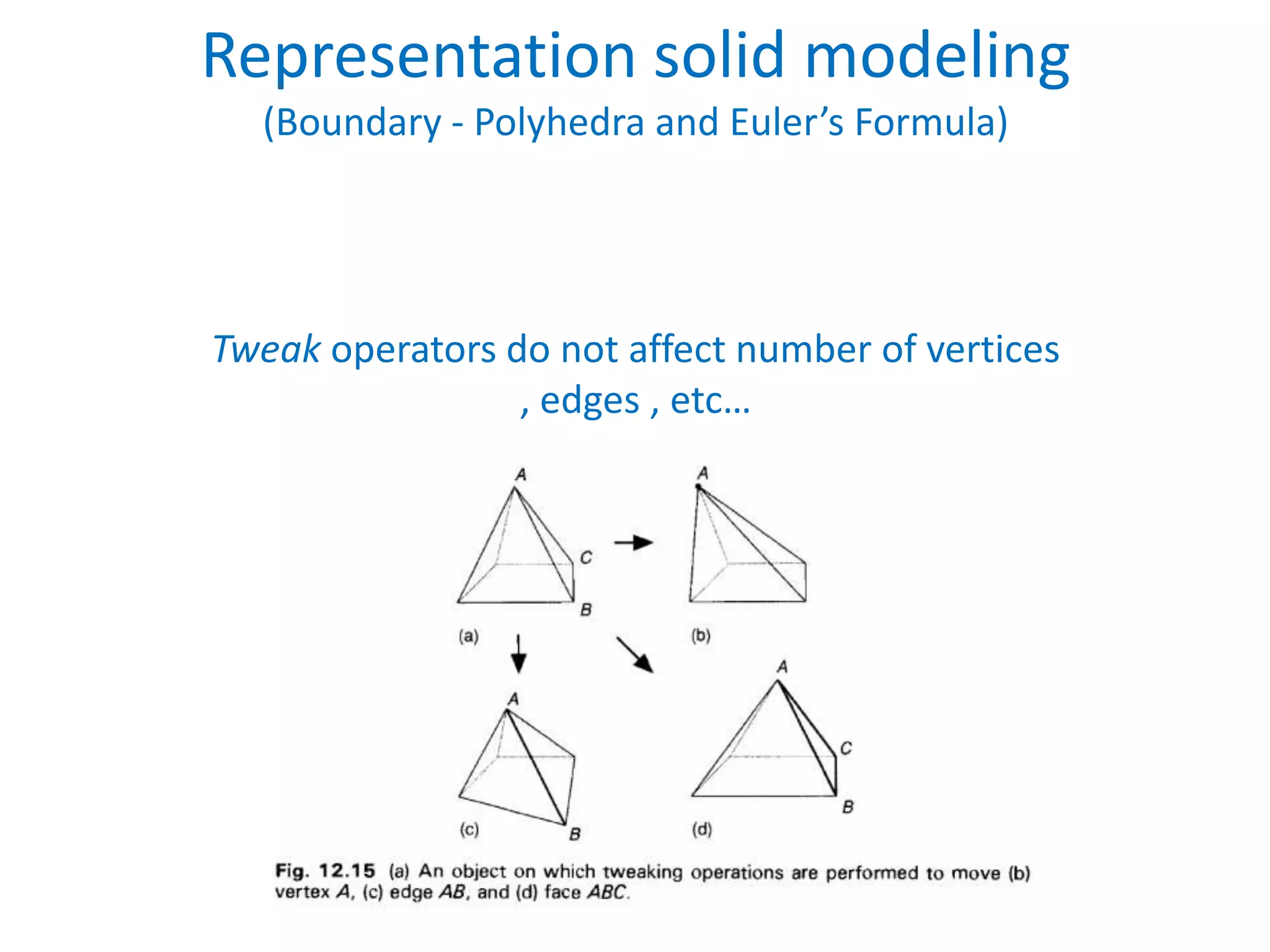 Representation solid modeling
  (Boundary - Polyhedra and Euler’s Formula)




Tweak operators do not affect number of vertices
                 , edges , etc…
 