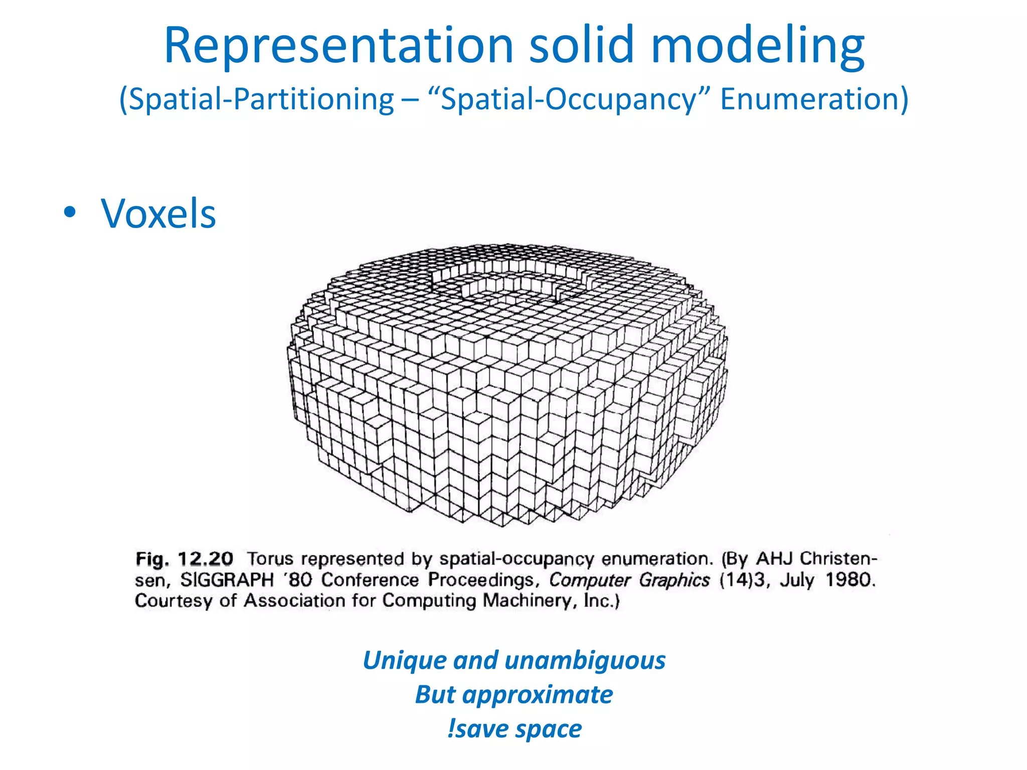 Representation solid modeling
  (Spatial-Partitioning – “Spatial-Occupancy” Enumeration)


• Voxels




                   Unique and unambiguous
                       But approximate
                         !save space
 