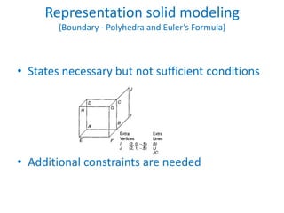 Representation solid modeling
        (Boundary - Polyhedra and Euler’s Formula)



• States necessary but not sufficient conditions




• Additional constraints are needed
 