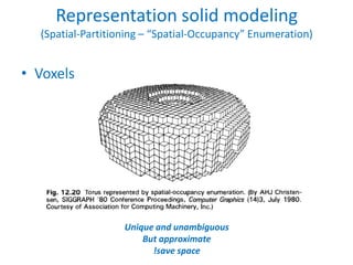 Representation solid modeling
  (Spatial-Partitioning – “Spatial-Occupancy” Enumeration)


• Voxels




                   Unique and unambiguous
                       But approximate
                         !save space
 