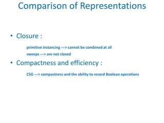 Comparison of Representations

• Closure :
     primitive instancing ---> cannot be combined at all
     sweeps ---> are not closed

• Compactness and efficiency :
     CSG ---> compactness and the ability to record Boolean operations
 