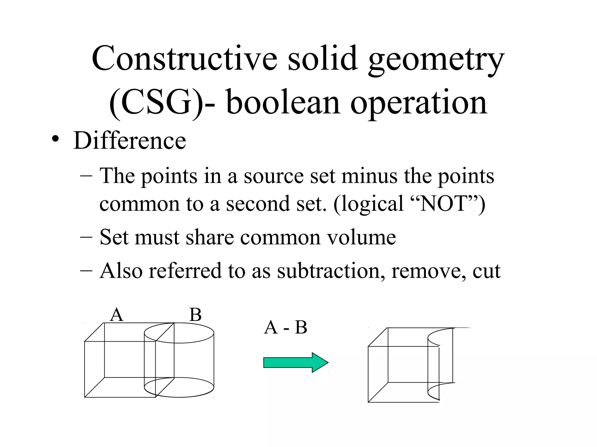 • Difference
– The points in a source set minus the points
common to a second set. (logical “NOT”)
– Set must share common volume
– Also referred to as subtraction, remove, cut
Constructive solid geometry
(CSG)- boolean operation
A - B
A B
 