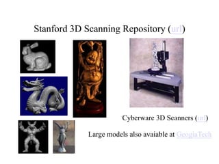 Stanford 3D Scanning Repository (url)
Cyberware 3D Scanners (url)
Large models also avaiable at GeogiaTech
 