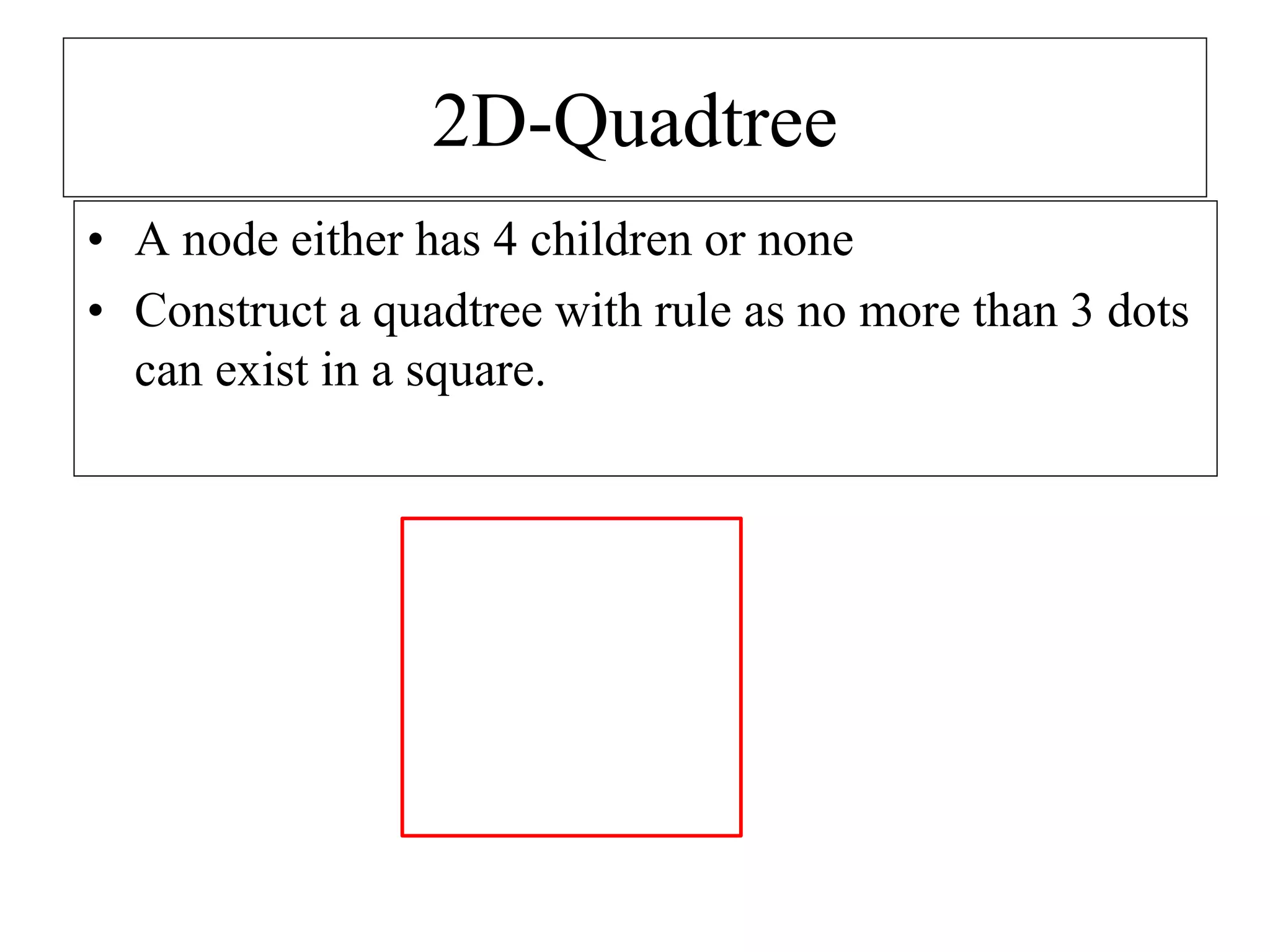 2D-Quadtree
• A node either has 4 children or none
• Construct a quadtree with rule as no more than 3 dots
can exist in a square.
 