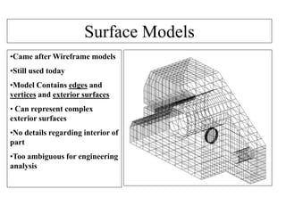 Surface Models
•Came after Wireframe models
•Still used today
•Model Contains edges and
vertices and exterior surfaces
• Can represent complex
exterior surfaces
•No details regarding interior of
part
•Too ambiguous for engineering
analysis
 