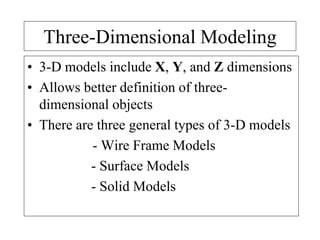 Three-Dimensional Modeling
• 3-D models include X, Y, and Z dimensions
• Allows better definition of three-
dimensional objects
• There are three general types of 3-D models
- Wire Frame Models
- Surface Models
- Solid Models
 