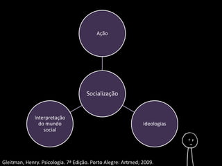 Ação 
Socialização 
Ideologias 
Interpretação 
do mundo 
social 
Gleitman, Henry. Psicologia. 7ª Edição. Porto Alegre: Artmed; 2009. 
 