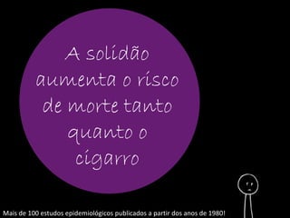 A solidão 
aumenta o risco 
de morte tanto 
quanto o 
cigarro 
Mais de 100 estudos epidemiológicos publicados a partir dos anos de 1980! 
 