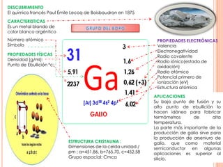 DESCUBRIMIENTO
El químico francés Paul Émile Lecoq de Boisbaudran en 1875

CARACTERISTICAS
Es un metal blando de
color blanco argéntico
Número atómico                                                  PROPIEDADES ELECTRÓNICAS
Símbolo                                                         Valencia
                                                                Electronegatividad
PROPIEDADES FÍSICAS                                             Radio covalente
Densidad (g/ml):                                                Radio iónico(estado de
Punto de Ebullición ºc:                                         oxidación)
                                                                Radio atómico
                                                                Potencial primero de
                                                                ionización (eV)
                                                                Estructura atómica

                                                               APLICACIONES
                                                               Su bajo punto de fusión y su
                                                               alto punto de ebullición lo
                                                               hacen idóneo para fabricar
                                                               termómetros      de        alta
                                                               temperatura.
                                                               La parte más importante de la
                                                               producción de galio sirve para
                                                               la producción de arseniuro de
                           ESTRUCTURA CRISTALINA :             galio, que como material
                           Dimensiones de la celda unidad /    semiconductor   en     algunas
                           pm : a=451.86, b=765.70, c=452.58   aplicaciones es superior al
                           Grupo espacial: Cmca                silicio.
 