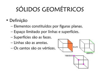 SÓLIDOS GEOMÉTRICOS
• Definição
  – Elementos constituídos por figuras planas.
  – Espaço limitado por linhas e superfícies.
  – Superfícies são as faces.
  – Linhas são as arestas.
  – Os cantos são os vértices.
 