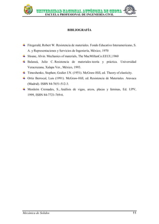 ESCUELA PROFESIONAL DE INGENIERÍA CIVIL
Mecánica de Solidos 11
BIBLIOGRAFÍA
Fitzgerald, Robert W. Resistencia de materiales. Fondo Educativo Interamericano, S.
A. y Representaciones y Servicios de Ingeniería, México, 1970
Sloane, Alvin. Mechanics of materials, The MacMillanCo.EEUU,1960
Balanzá, Julio C. Resistencia de materiales teoría y práctica. Universidad
Veracruzana, Xalapa Ver., México, 1993.
Timoshenko, Stephen; Godier J.N. (1951). McGraw-Hill, ed. Theory of elasticity.
Ortiz Berrocal, Luis (1991). McGraw-Hill, ed. Resistencia de Materiales. Aravaca
(Madrid). ISBN 84-7651-512-3.
Monleón Cremades, S., Análisis de vigas, arcos, placas y láminas, Ed. UPV,
1999, ISBN 84-7721-769-6.
 