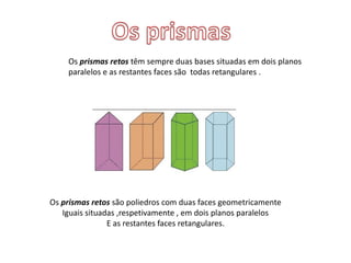 Os prismas retos têm sempre duas bases situadas em dois planos
paralelos e as restantes faces são todas retangulares .
Os prismas retos são poliedros com duas faces geometricamente
Iguais situadas ,respetivamente , em dois planos paralelos
E as restantes faces retangulares.
 