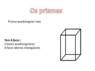 Prisma quadrangular reto
Tem 6 faces :
2 bases quadrangulares
4 faces laterais retangulares
 