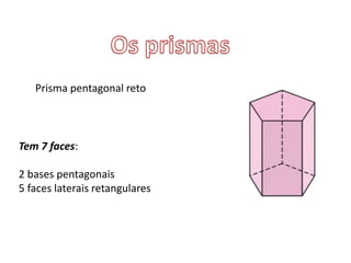 Prisma pentagonal reto
Tem 7 faces:
2 bases pentagonais
5 faces laterais retangulares
 
