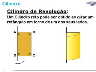 Cilindro
  Cilindro de Revolução:
              Revolução
  Um Cilindro reto pode ser obtido ao girar um
  retângulo em torno de um dos seus lados.

     A         B




     D         C
 