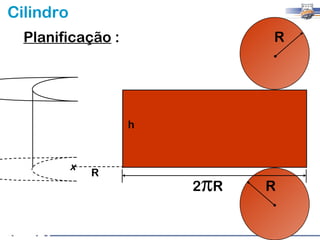 Cilindro
  Planificação :              R




                   h


           x
               R
                       2 πR   R
 