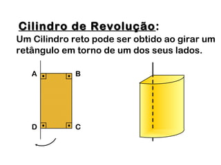 Cilindro de RevoluçãoCilindro de Revolução:
Um Cilindro reto pode ser obtido ao girar um
retângulo em torno de um dos seus lados.
A B
D C
 