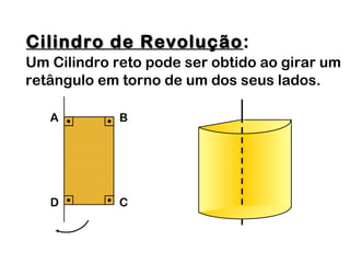 Cilindro de RevoluçãoCilindro de Revolução:
Um Cilindro reto pode ser obtido ao girar um
retângulo em torno de um dos seus lados.
A B
D C
 