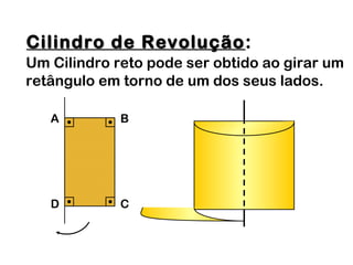 Cilindro de RevoluçãoCilindro de Revolução:
Um Cilindro reto pode ser obtido ao girar um
retângulo em torno de um dos seus lados.
A B
D C
 