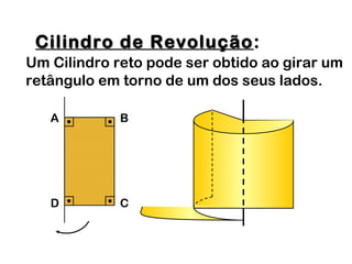 Cilindro de RevoluçãoCilindro de Revolução:
Um Cilindro reto pode ser obtido ao girar um
retângulo em torno de um dos seus lados.
A B
D C
 