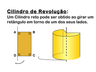 Cilindro de RevoluçãoCilindro de Revolução:
Um Cilindro reto pode ser obtido ao girar um
retângulo em torno de um dos seus lados.
A B
D C
 