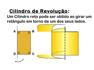 Cilindro de RevoluçãoCilindro de Revolução:
Um Cilindro reto pode ser obtido ao girar um
retângulo em torno de um dos seus lados.
A B
D C
 
