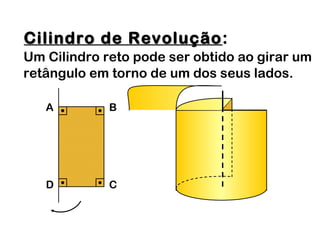 Cilindro de RevoluçãoCilindro de Revolução:
Um Cilindro reto pode ser obtido ao girar um
retângulo em torno de um dos seus lados.
A B
D C
 