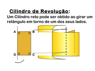 Cilindro de RevoluçãoCilindro de Revolução:
Um Cilindro reto pode ser obtido ao girar um
retângulo em torno de um dos seus lados.
A B
D C
 