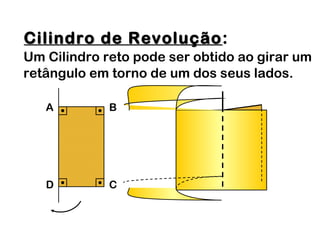 Cilindro de RevoluçãoCilindro de Revolução:
Um Cilindro reto pode ser obtido ao girar um
retângulo em torno de um dos seus lados.
A B
D C
 