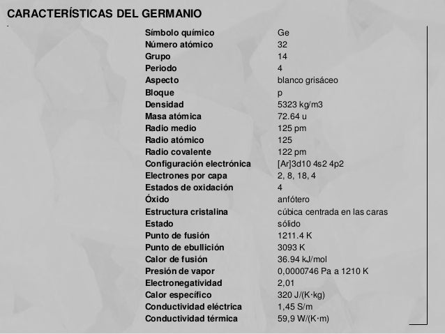 Símbolo químico Ge
Número atómico 32
Grupo 14
Periodo 4
Aspecto blanco grisáceo
Bloque p
Densidad 5323 kg/m3
Masa atómica ...