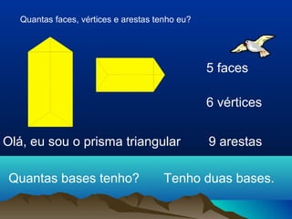 Olá, eu sou o prisma triangular
Quantas faces, vértices e arestas tenho eu?
5 faces
6 vértices
9 arestas
Tenho duas bases.Quantas bases tenho?
 
