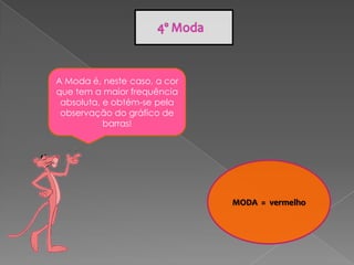 A Moda é, neste caso, a cor
que tem a maior frequência
 absoluta, e obtém-se pela
 observação do gráfico de
           barras!




                              MODA = vermelho
 