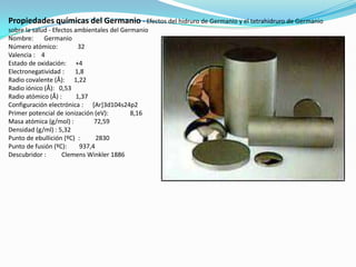 Propiedades químicas del Germanio- Efectos del hidruro de Germanio y el tetrahidruro de Germanio sobre la salud - Efectos ambientales del GermanioNombre:       Germanio Número atómico:             32 Valencia :    4 Estado de oxidación:      +4   Electronegatividad :       1,8 Radio covalente (Å):      1,22 Radio iónico (Å):   0,53 Radio atómico (Å) :         1,37 Configuración electrónica :      [Ar]3d104s24p2  Primer potencial de ionización (eV):              8,16 Masa atómica (g/mol) :             72,59 Densidad (g/ml) : 5,32 Punto de ebullición (ºC)  :          2830 Punto de fusión (ºC):        937,4 Descubridor :          Clemens Winkler 1886
