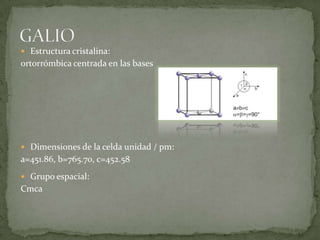  Estructura cristalina:
ortorrómbica centrada en las bases




 Dimensiones de la celda unidad / pm:
a=451.86, b=765.70, c=452.58
 Grupo espacial:
Cmca
 