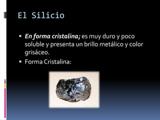 El Silicio

 En forma cristalina; es muy duro y poco
  soluble y presenta un brillo metálico y color
  grisáceo.
 Forma Cristalina:
 