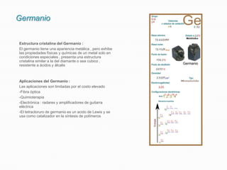 Germanio
Estructura cristalina del Germanio :
El germanio tiene una apariencia metálica , pero exhibe
las propiedades físicas y químicas de un metal solo en
condiciones especiales , presenta una estructura
cristalina similar a la del diamante o sea cubico ,
resistente a ácidos y álcalis
Aplicaciones del Germanio :
Las aplicaciones son limitadas por el costo elevado
-Fibra óptica
-Quimioterapia
-Electrónica : radares y amplificadores de guitarra
eléctrica
-El tetracloruro de germanio es un acido de Lewis y se
usa como catalizador en la síntesis de polímeros
 