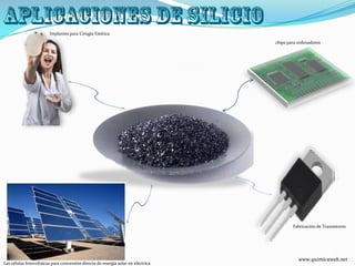 chips para ordenadores
Fabricación de Transistores
Implantes para Cirugía Estética
Las células fotovoltaicas para conversión directa de energía solar en eléctrica
www.quimicaweb.net
 