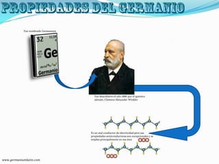 Fue descubierto el año 1886 por el químico
alemán, Clemens Alexander Winkler
Fue nombrado Germanium
Es un mal conductor de electricidad pero sus
propiedades semiconductoras son excepcionales y se
emplea principalmente en esa área
www.germaniumlatin.com
 